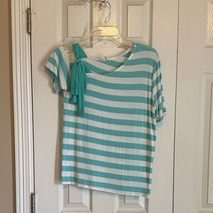 BiBi Teal and White Striped Short Sleeve Top